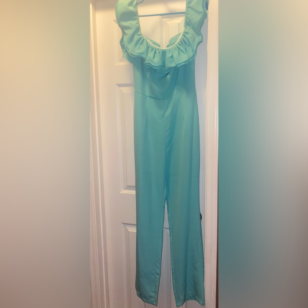 Adult small light green/teal casual jumpsuit
